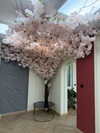 Drzewo kwitnącej wiśni z koroną na ścianie i suficie na naturalnym pniu 280cm wysokości i 220cm szerokości