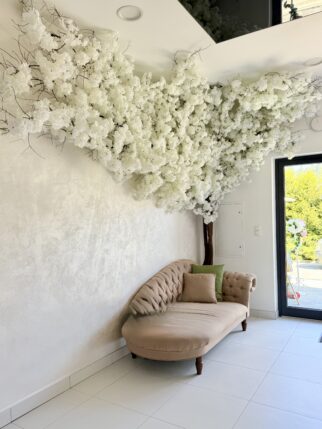 Drzewo kwitnącej wiśni z białymi kwiatami i z koroną na ścianie 280cm wysokości i 400cm szerokości